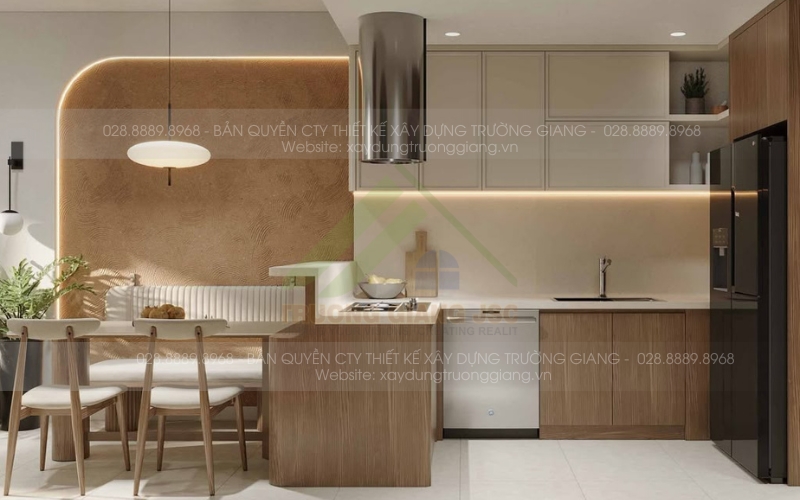 Thiết kế thi công tủ bếp chung cư bằng gỗ công nghiệp được sử dụng phổ biến