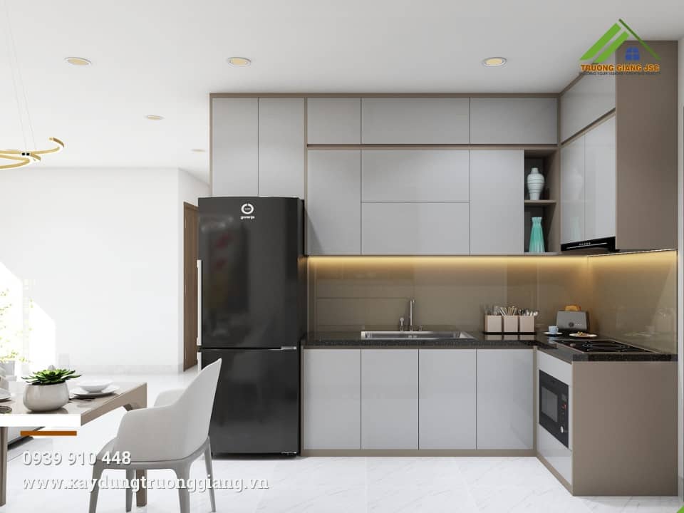 Tủ bếp chữ L màu xám xanh full trần tận dụng tối đa không gian tạo sự sang trọng, đẹp cho không gian bếp