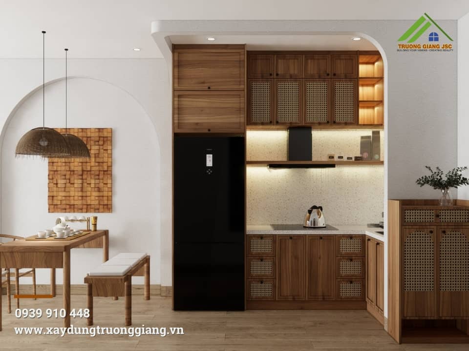 Tủ bếp phong cách nhật bản bằng gỗ công nghiệp, sự kết hợp giữa truyền thống và hiện đại tạo cho không gian bếp sạch sẽ và sang trọng
