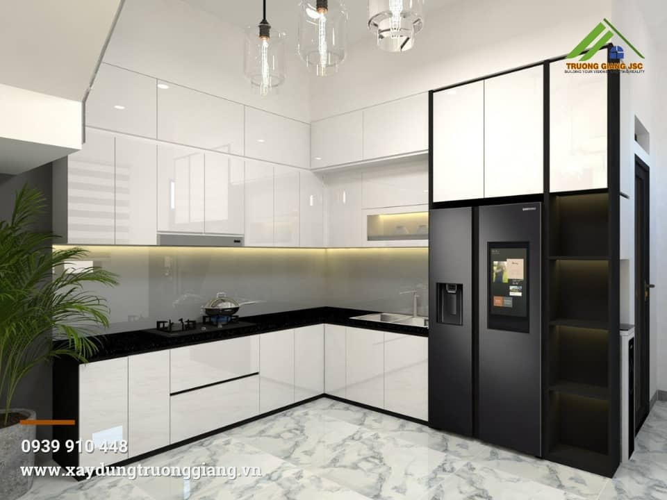 Mẫu tủ bếp full trần phủ acrylics màu trắng bóng tạo sự sang trọng cho không gian nhà bếp.