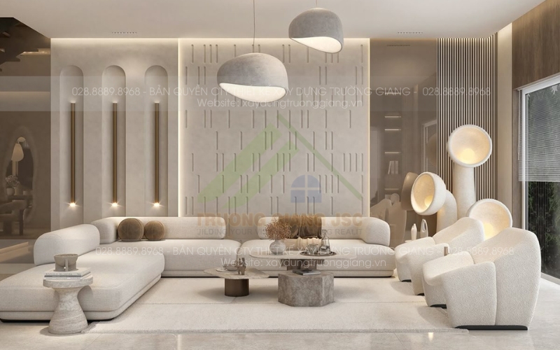 Mẫu nội thất sang trọng mộc mạc với sofa trắng