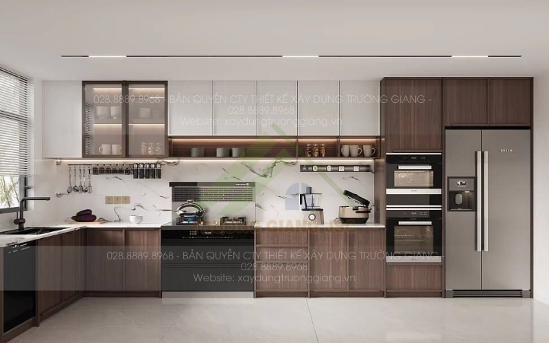 Hệ tủ bếp gỗ MDF chữ L chống ẩm cao cấp