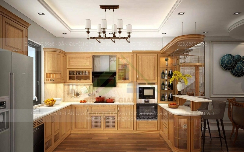 Tủ bếp tân cổ điển kết hợp quầy bar