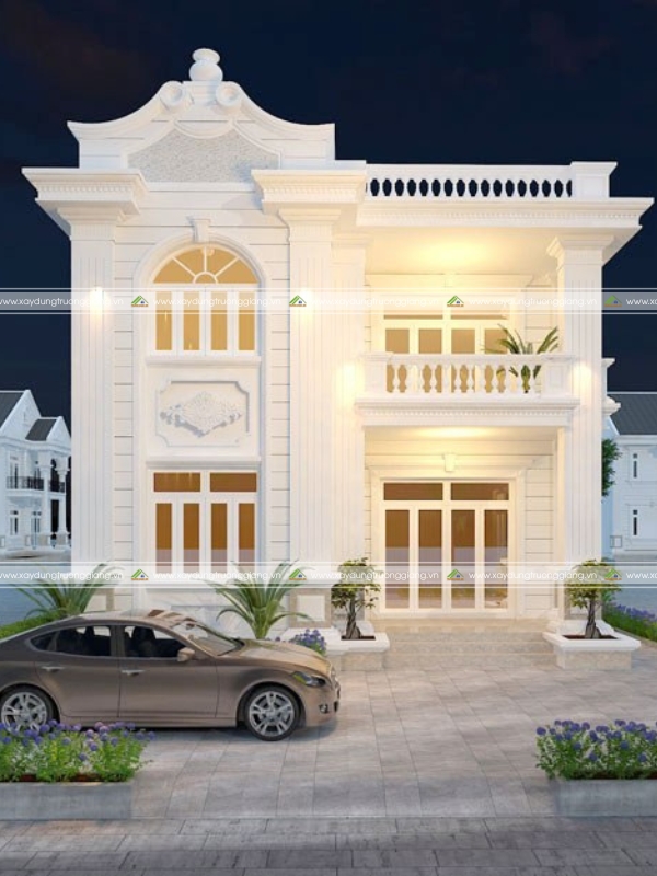 Nhà 2 tầng tân cổ điển tone trắng nổi bật