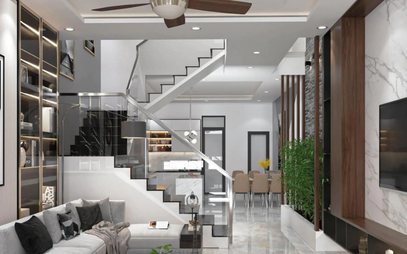 Phòng khách nhà ống 5m có cầu thang nằm giữa