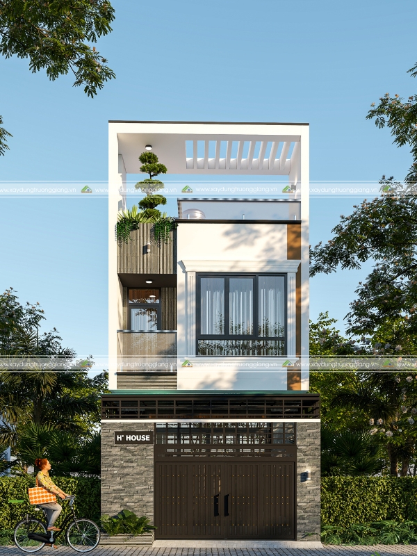 Thiết kế nhà ống 2 tầng có sân thượng