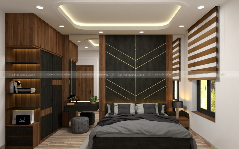 Thiết kế phòng ngủ có tính thẩm mỹ cao giữa vật liệu và màu sắc kết hợp cùng tủ âm tường và bàn trang điểm