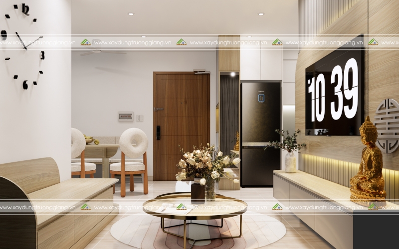 Thiết kế thi công nội thất phòng khách với vật liệu gỗ MDF