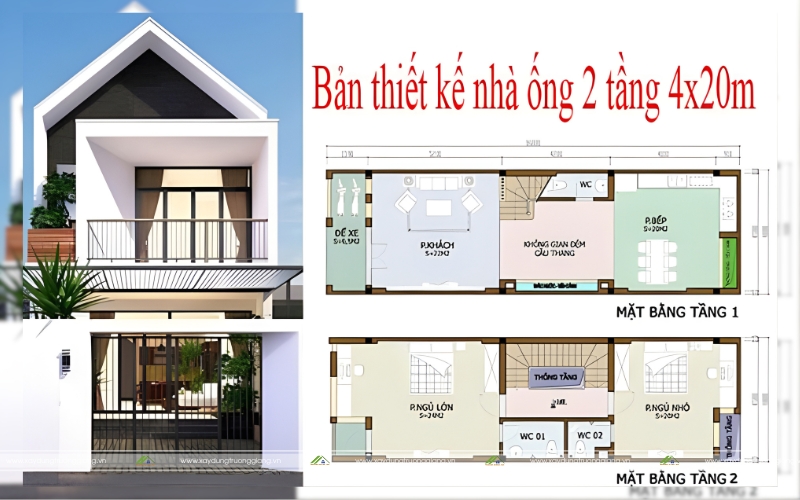 Bố trí công năng nhà ống 2 tầng 4x20