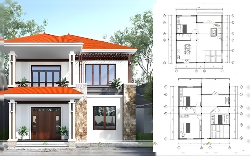 Bản vẽ nhà 2 tầng mái Nhật 8x10m