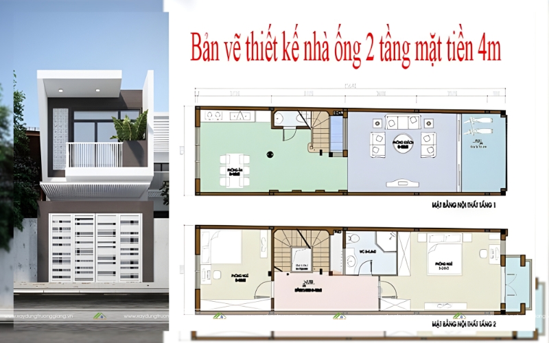 Bản vẽ thiết kế nhà ống 2 tầng mặt tiền 4m