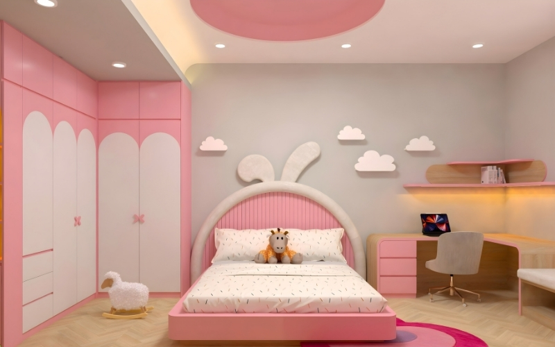 Bố trí phòng ngủ bé gái khoa học có bàn học