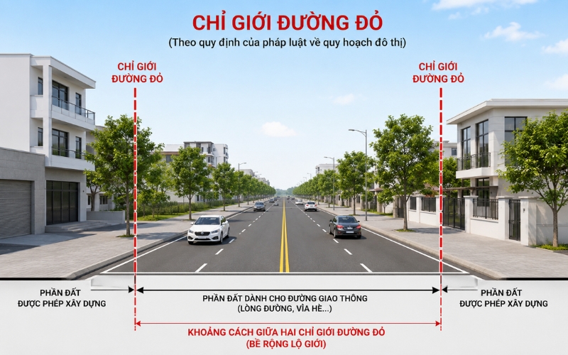 Chỉ giới đường đỏ là đường ranh giới xác định phần đất dành cho giao thông